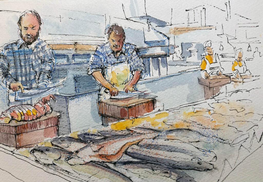 make a travel journal drawing at the fish market