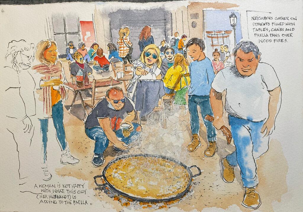 make a travel journal to illustrate paella cooking in the streets of valencia