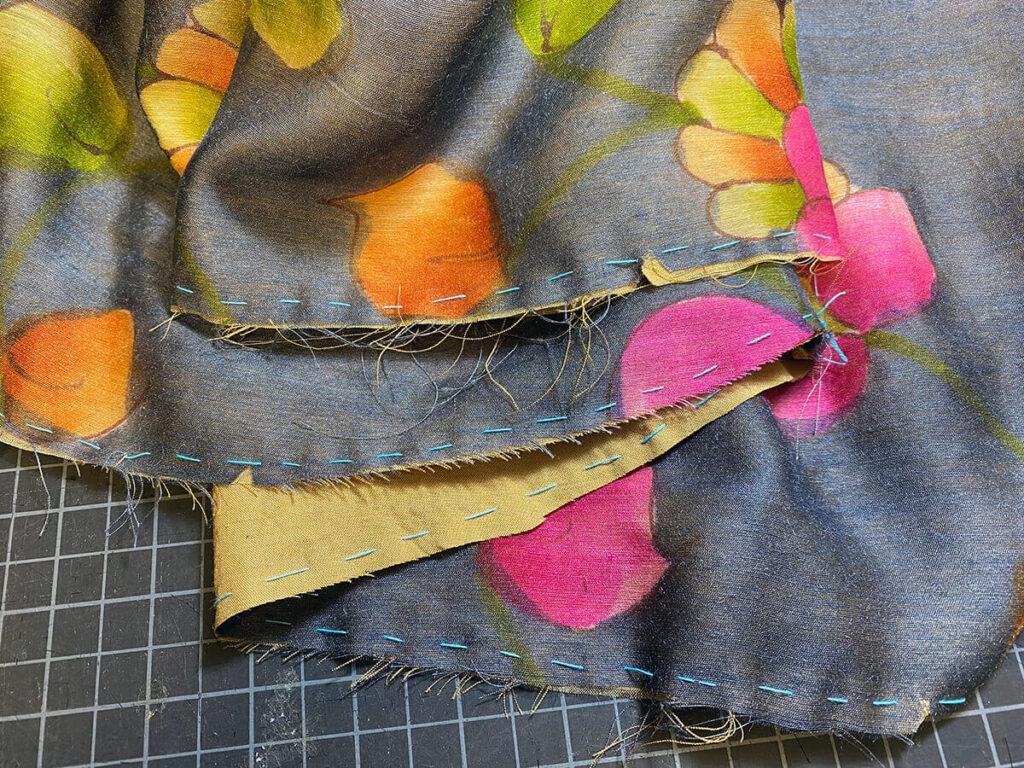 a boho silk kimono - silk and lining layers handbasted together