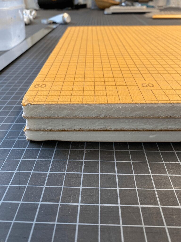 three layers of schluter kerdi-board laminated to create a strong substrate for a tile mosaic tabletop